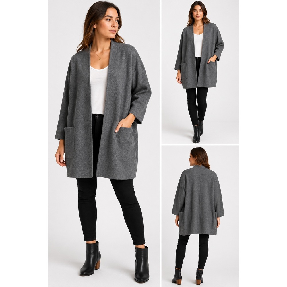 Ann Taylor Factory Grey Open Front Cardigan Coat Jacket Pockets Womens‎ Medium